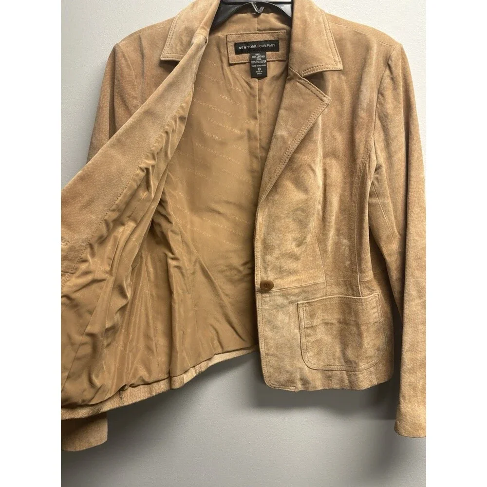 Vintage Y2K New York & Company Tan Suede Leather Blazer Jacket Size 10